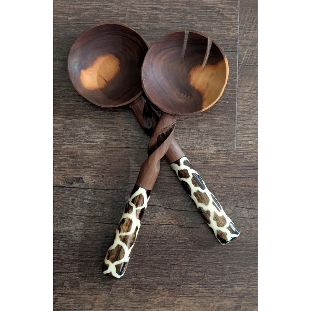 Hand-Carved African Olive Wood Salad Serving Set Giraffe Print Handles